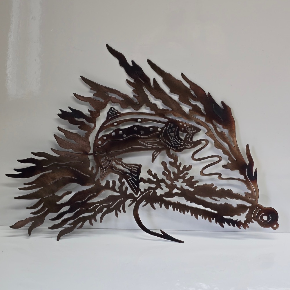 Trout Fly Fishing Lure Metal Wall Art Lodge Cabin Decor 22.5x16.5